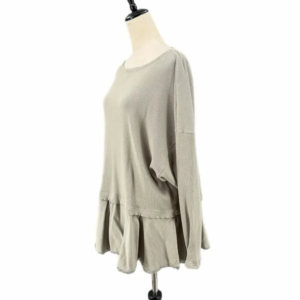 Free People Olive Green Ribbed Slouchy Flowy Hem Boho Chic Oversized Tunic Top